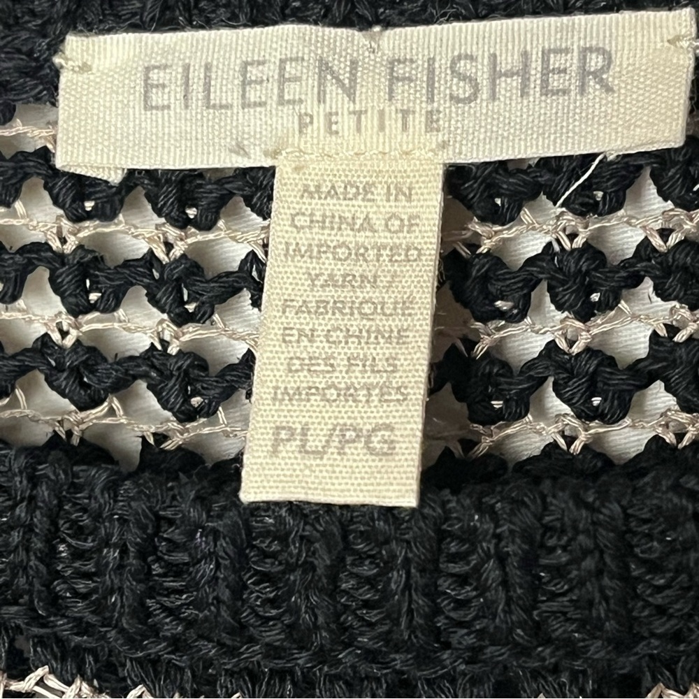 Eileen Fisher | Black Cream Linen Blend Mesh Knit Sleeveless Tank, Large Petite - Picture 5 of 6